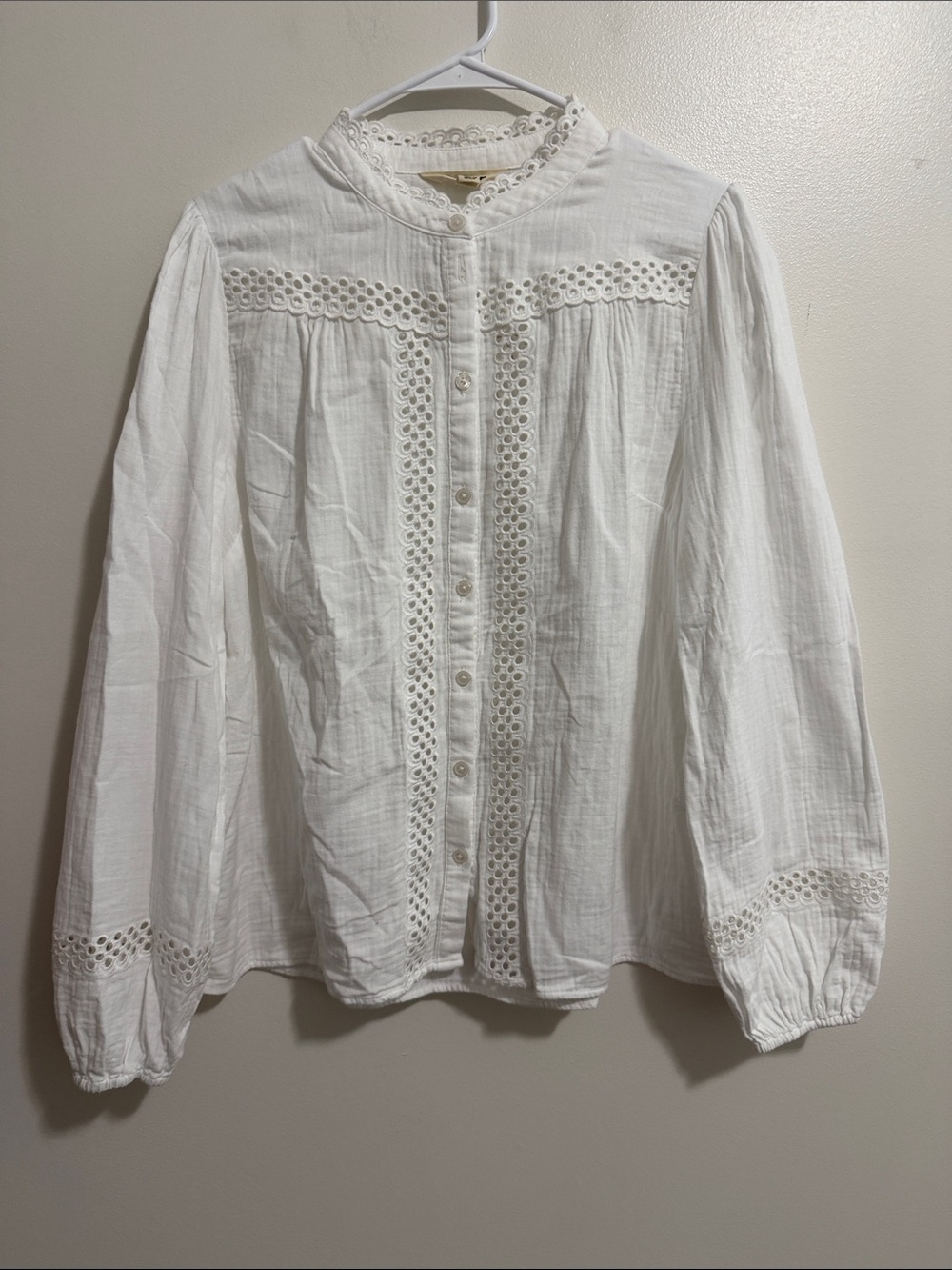 Boden White Eyelet Embroidered Long Sleeve Cotton Button Down Blouse Womens 14